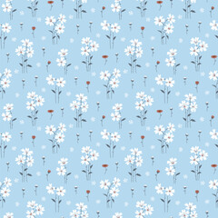 Cute floral pattern in small design. Small white flowers on blue background. Ditsy floral seamless pattern. Pretty small print. Daisy flower surface design for fashion, wallpaper, textile, print