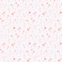 small floral pattern in small design. cute flowers on pink stripe background. Ditsy floral seamless pattern. Pretty small print. Daisy flower surface design. for fashion, wallpaper, textile, print