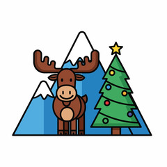 Fototapeta premium A cartoon moose with antlers, in front of snowy mountains and a decorated tree