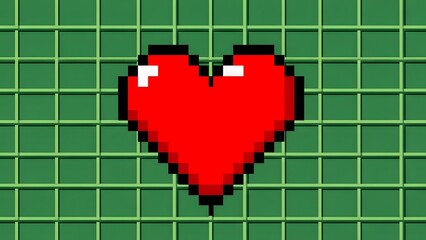 Pixelated red heart on a vintage green grid background, symbolizing retro gaming love and health