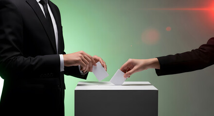 Two people dropping votes into a ballot box at election polling place, voting process during general election