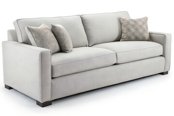 Fototapeta premium Contemporary light gray fabric sofa featuring textured throw pillows and simple modern wooden feet isolated on a pure white background for interior design