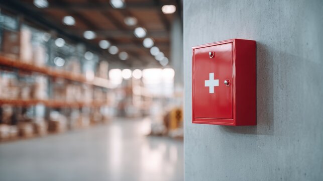 A red first aid box is mounted on a wall in an industrial warehouse. The cabinet features a white cross and is positioned in a factory interior with safety compliance