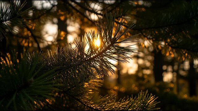 Close up of pine needles with sunlight filtering through foliage