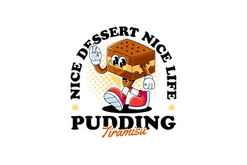 Tiramisu layered pudding retro cartoon character mascot illustration with walking and ok hand pose for cafes and pastry branding and merchandise