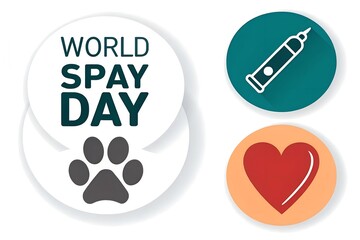 World Spay Day awareness graphic featuring text a paw print an icon representing a syringe or medical instrument and a prominent heart symbol promoting responsible pet ownership and animal welfare eff