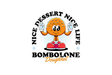 Bombolone filled doughnut retro cartoon character mascot illustration with standing and ok hand pose for cafes and pastry branding and merchandise