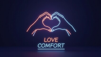 Neon illuminated hands forming a loving heart symbol with comforting message display