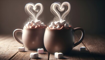 Two cups of hot chocolate with heart shaped steam and marshmallows for Valentines Day celebration.