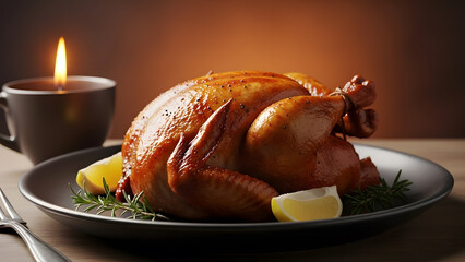 Golden brown baked whole chicken on a serving plate