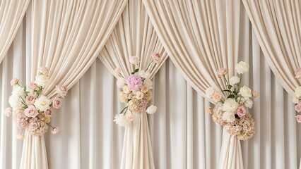 Romantic wedding backdrop of elegant cream drapes adorned with delicate pastel florals and