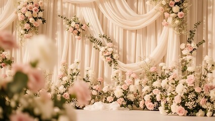 An elegant dreamy wedding backdrop for a joyous celebration adorned with blush roses and