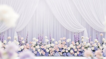 An elegant floral backdrop in soft pastels for a dream wedding with sheer white drapes and