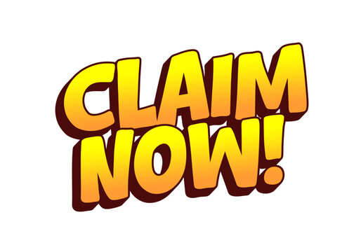 Bold, colorful text saying Claim Now! in a playful font, with gradient from yellow to orange.