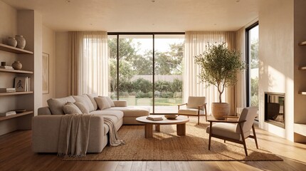Bright and Airy Modern Living Room Featuring Natural Light and Minimalist Decor with Greenery