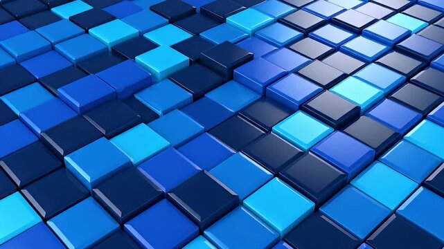 A mesmerizing and abstract background features a dynamic grid of three-dimensional cubes. The geometric blocks rise and fall, creating a continuous, rhythmic motion across the surface. Rendered in var