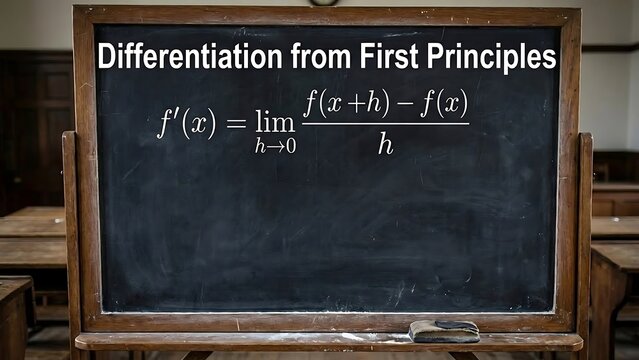 Blackboard displays the mathematical formula for differentiation from first principles in a classroom setting. - Powered by Adobe