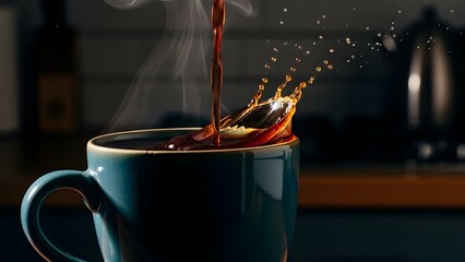 Dark roasted coffee pouring into a blue ceramic mug creating a dynamic splash and steam.