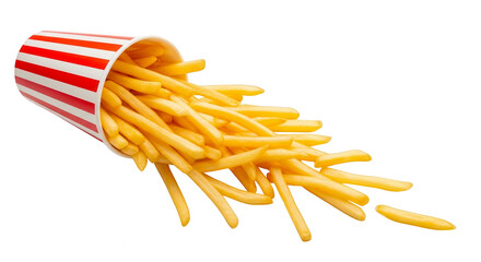 Golden french fries spilling from a classic red and white striped container, perfect for fast food themes isolated on transparent background