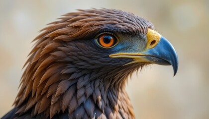 Fototapeta premium Close-Up Profile of a Majestic Eagle with Striking Brown Feathers and Intense Orange Eyes