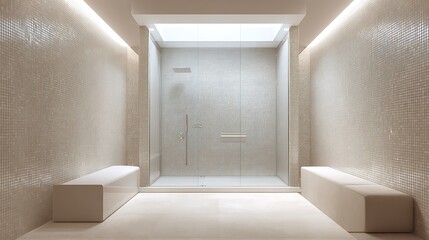 Luxury bathroom large glass shower soft light glowing