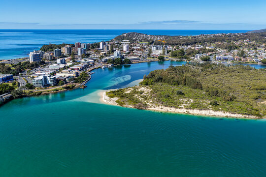 A sweeping aerial view of Wallis Lake and the town of Forster