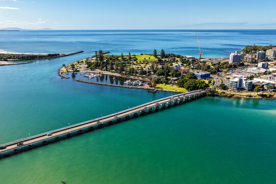 A sweeping aerial view of Wallis Lake and the town of Forster