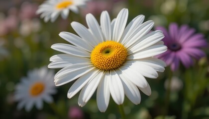 Obraz premium Close-Up of a Beautiful White Daisy Flower with Yellow Center Surrounded by Colorful Blooms in Garden