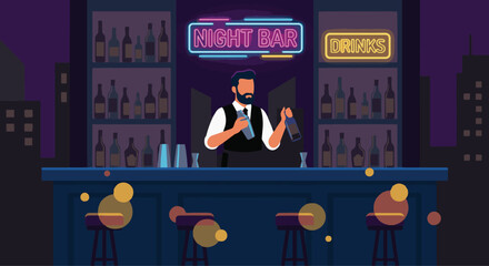 Bartender Working at Night Bar A flat vector illustration of a bartender working in a night bar setting. Dark background with soft neon or ambient lights. © WealthyMinion