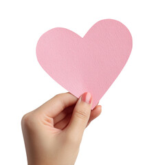 Hand holding light pink paper heart showing love symbol, isolated on transparent background
