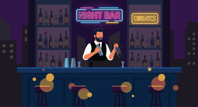 Bartender Working at Night Bar
A flat vector illustration of a bartender working in a night bar setting. Dark background with soft neon or ambient lights.