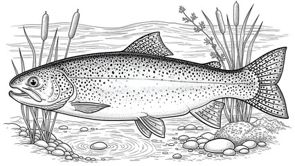 Detailed sketches of freshwater trout fish species