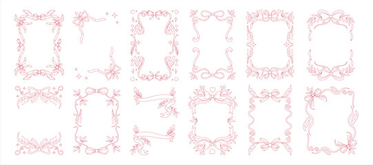 Bow frame. Vintage ribbon, doodle invitation. Card design element, birthday border. Cute retro pink certificate design. Outline object. Wedding postcard. Vector tidy decorative template isolated set