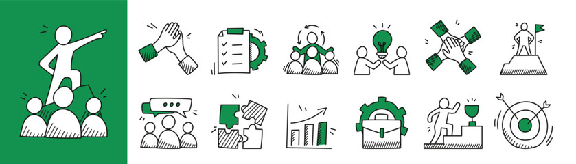 Teamwork icon. Hand drawn business sketches. Working together. Leadership targets, community gears for partnership organization, corporate process. Project management. Vector logo garish office set