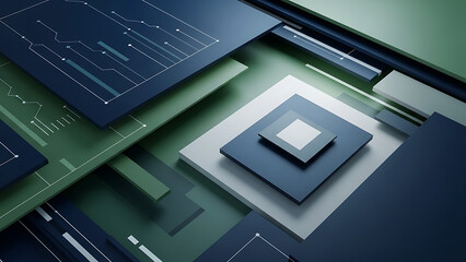 Abstract digital landscape with interconnected circuit board patterns and microchip architecture, representing advanced technology, data processing, and future innovation