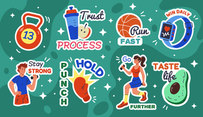 Motivation sport sticker. Fitness icon, running, yoga. Gym design. Health fit art. Active lifestyle promoting, typography art. Emblems or badges. Vector tidy cartoon flat style isolated illustration