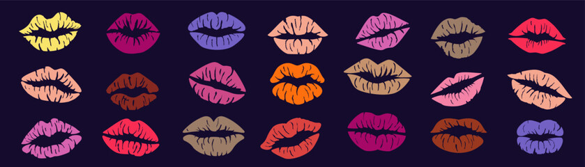 Lip sensual impression. Kiss stamp. Mouth mark. Labial imprint. Feminine oral shape. Smooch icon, red embrace glamour. Lip lock contour. Lipstick palette. Vector shadow tidy peck isolated elements