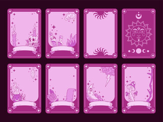 Tarot game cover. Deck card. Medieval mysterious frame. Fantasy vintage border. Hand painted, retro decor. Spiritual occult symbol. Framed banners design. Vector astrology tidy minimal illustration