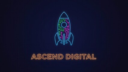 Vibrant neon circuit rocket symbol for digital innovation and technological advancement
