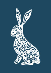 Easter pattern. White silhouette animal. Sitting rabbit. Floral ornament. Curls and flowers. Spring hare. Botanical print. Holiday traditional decor element. Cony mammal. Isolated flat vector bunny