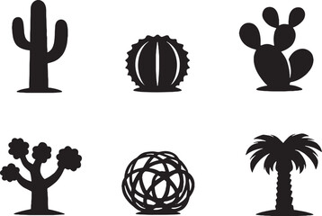 Desert Flora Silhouette Icons Set Cactus, Joshua Tree, Tumbleweed, Date Palm eps