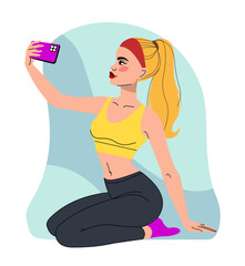 Fit sport. Woman in athletic clothing posing for selfie. Sportsman making photo with smartphone. Fitness training. Attractive athlete. Slim female body. Gym workout. Victory gesture. Vector concept
