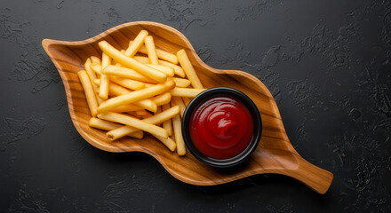 Golden french fries accompanied by vibrant red ketchup, elegantly served on a wooden leaf-shaped dish