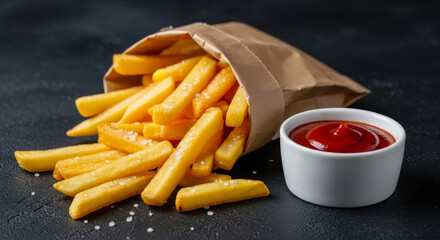Crispy golden french fries spilled from a paper bag with a side of delicious ketchup
