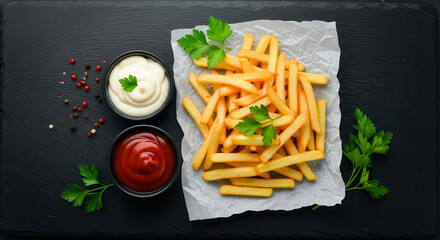 Golden crispy french fries served with creamy mayonnaise and tangy ketchup on a dark platter