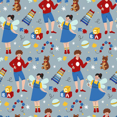 Kids toy seamless pattern. Happy children, fairy wings, teddy bears. Adorable boy and girl. Decor textile, wrapping paper, wallpaper. Print for fabric. Vector cartoon flat style isolated illustration