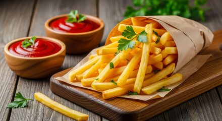 Golden crispy french fries served with rich tomato ketchup on a rustic wooden table