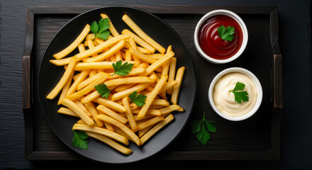 Golden crispy french fries served with classic ketchup and creamy mayonnaise on a dark wooden tray