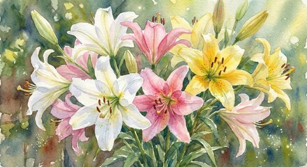 A close-up view of an array of multi-colored lilies in full bloom, showcasing the delicate beauty of each petal. The image captures the vibrancy of spring.
