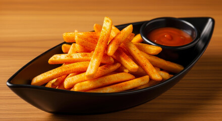 Appetizing golden crispy french fries seasoned with spices, served with tangy ketchup in a modern black bowl